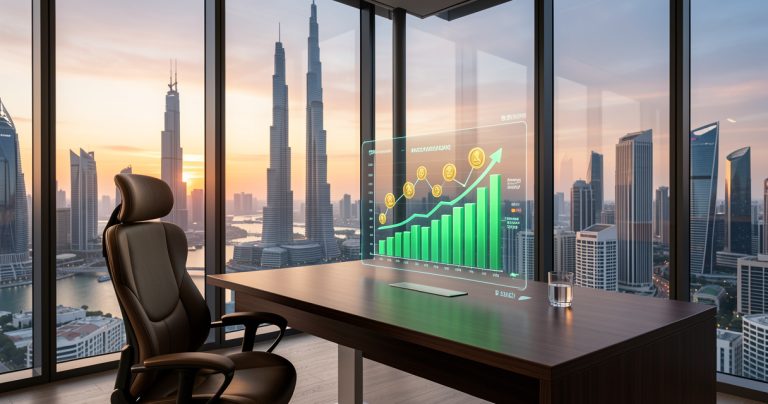 Bureau de gestion de fortune moderne avec graphiques financiers holographiques représentant l'allocation d'actifs en 2026