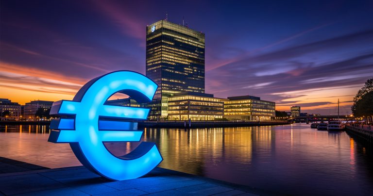 Siège de la Banque Centrale Européenne à Francfort avec le symbole de l'Euro illuminé