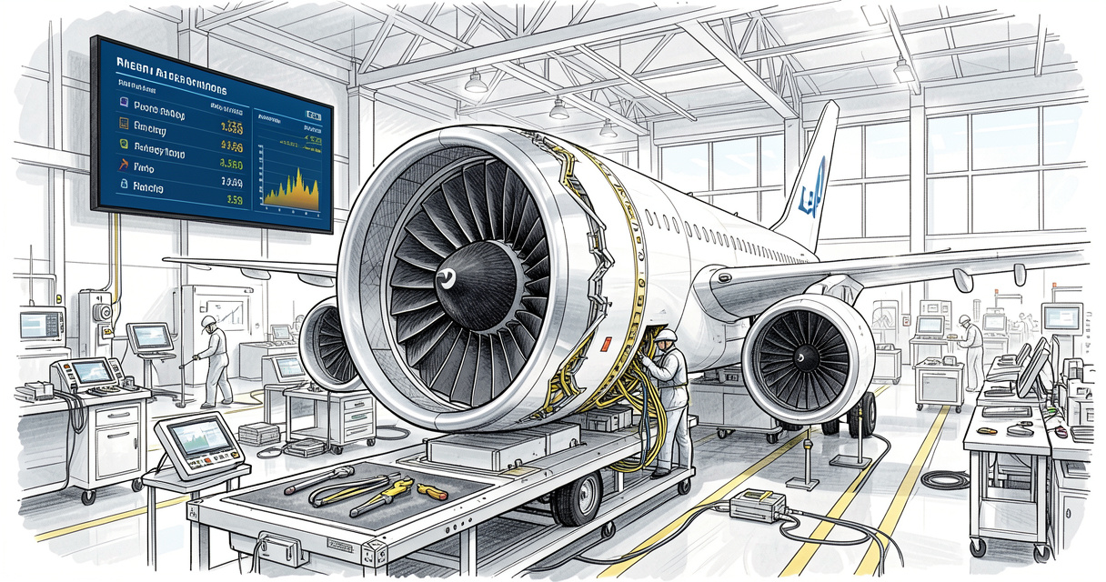 Moteur LEAP Safran en assemblage dans une usine de haute technologie – illustration du chiffre d'affaires de Safran lié 