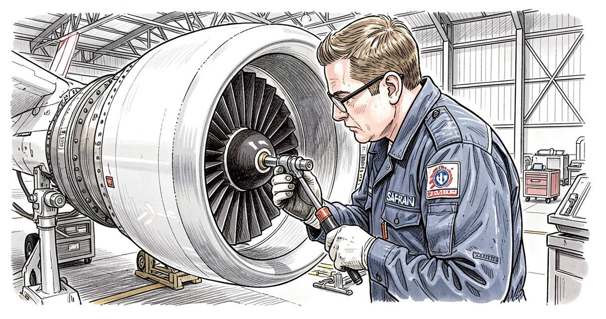 Technicien Safran inspectant un moteur CFM56 en maintenance – activité de services contribuant au chiffre d'affaires de 