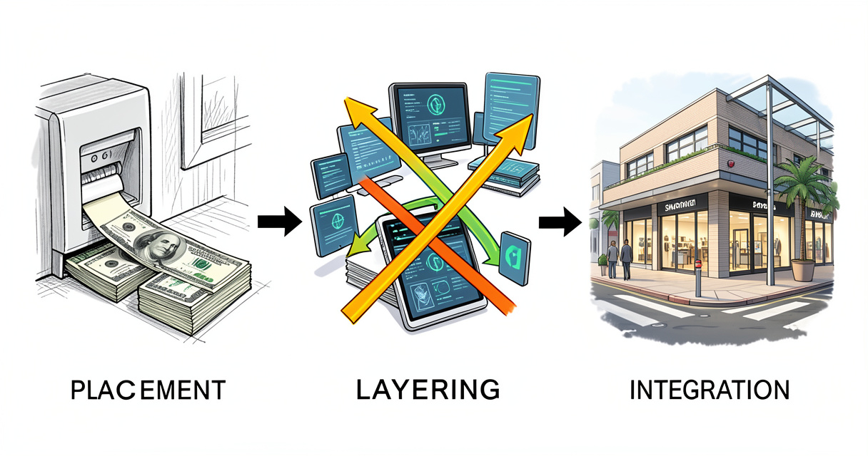 Illustration des trois étapes du blanchiment d'argent : placement, stratification et intégration