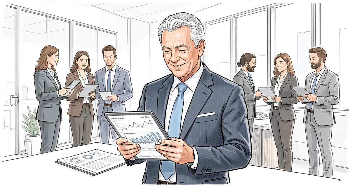 Manager de transition finance analysant des rapports financiers dans un bureau moderne