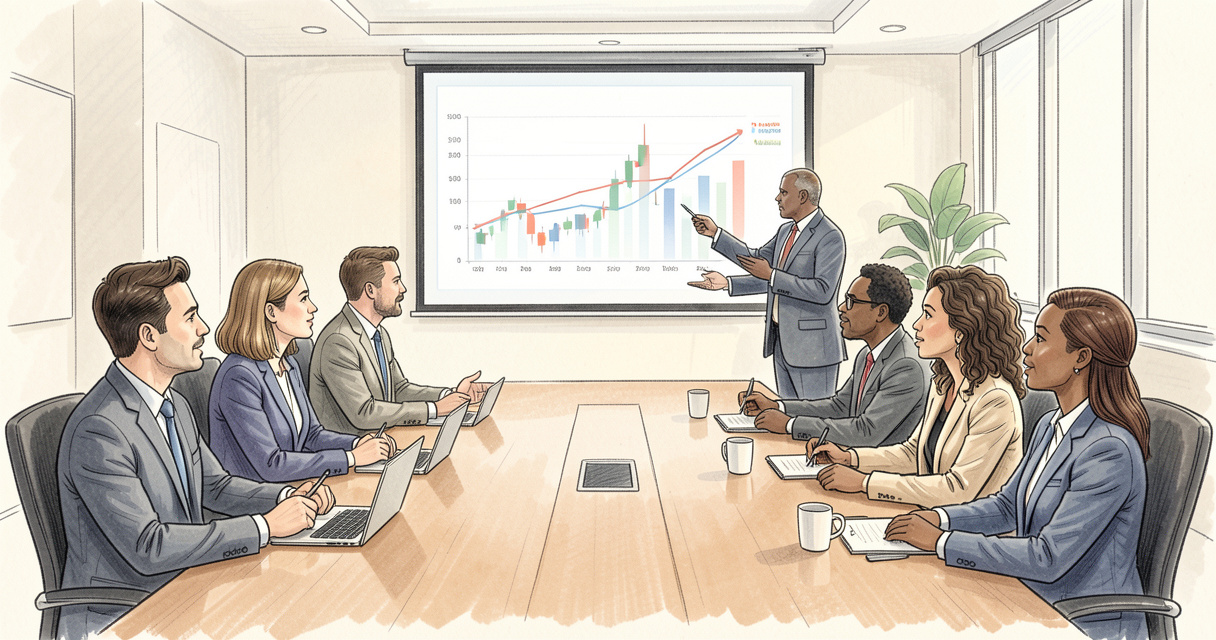 Réunion d'équipe autour de graphiques financiers projetés, management de transition en action