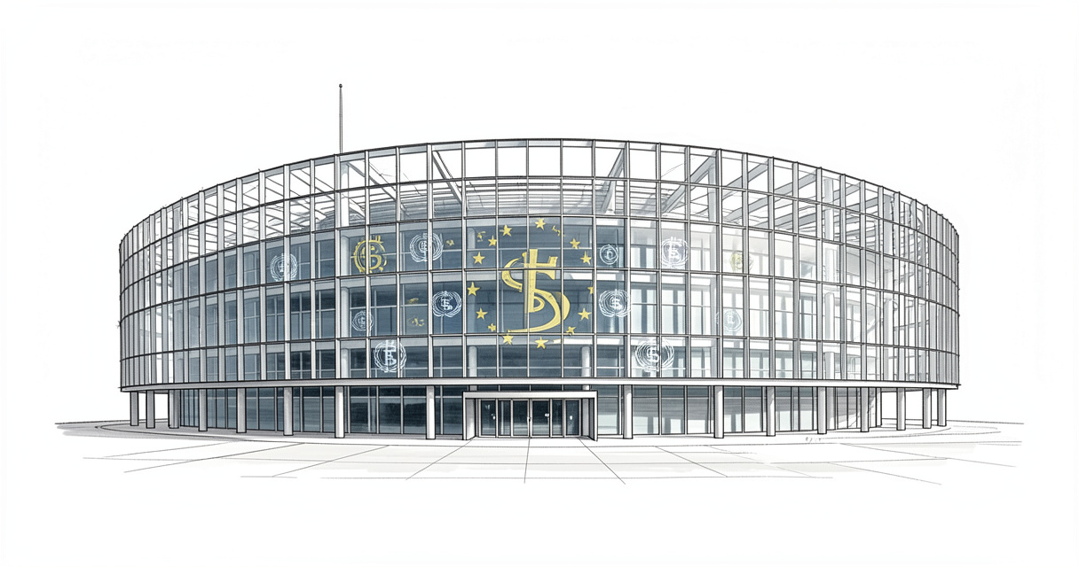 Bâtiment du Parlement européen avec symboles crypto, illustrant le règlement MiCA