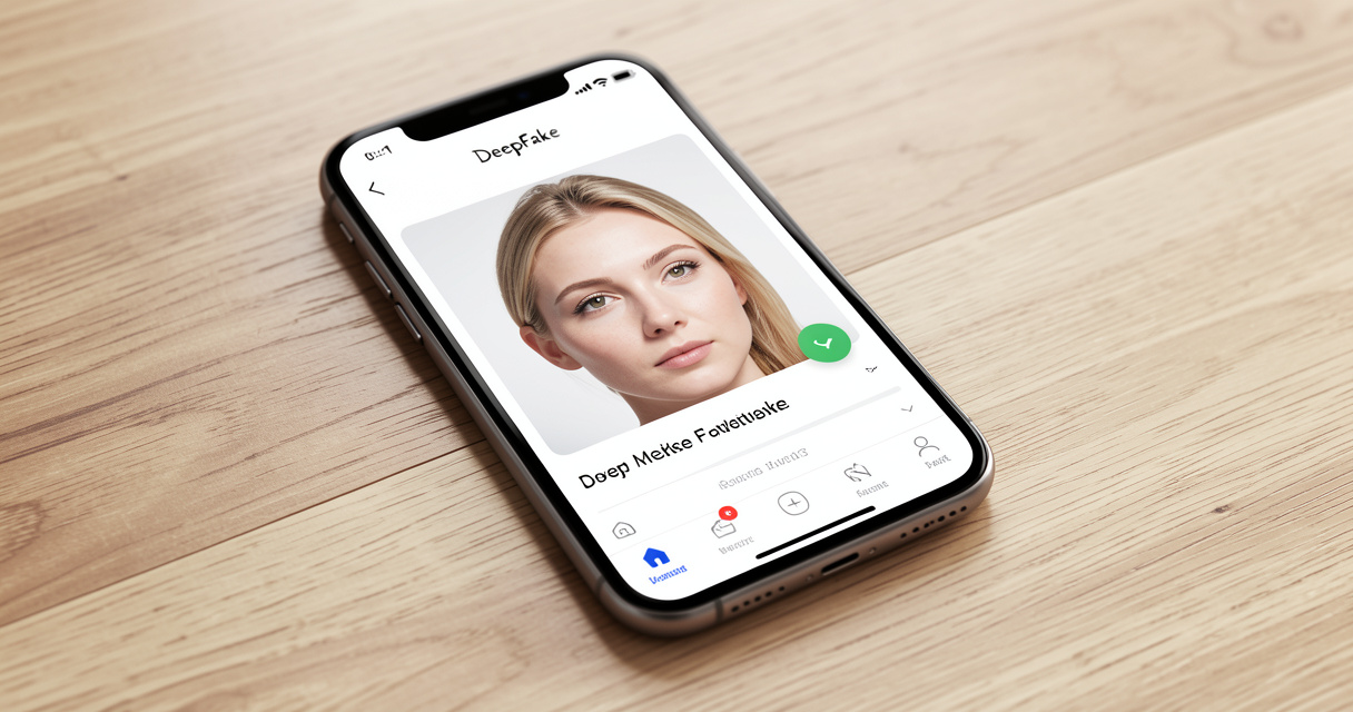 Smartphone affichant une application deepfake gratuite avec échange de visage réussi, fond neutre