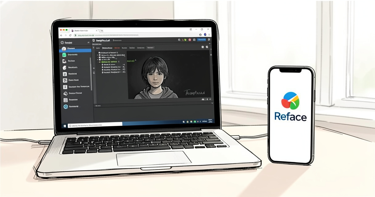PC portable avec logiciel DeepFaceLab et smartphone avec app Reface côte à côte sur un bureau