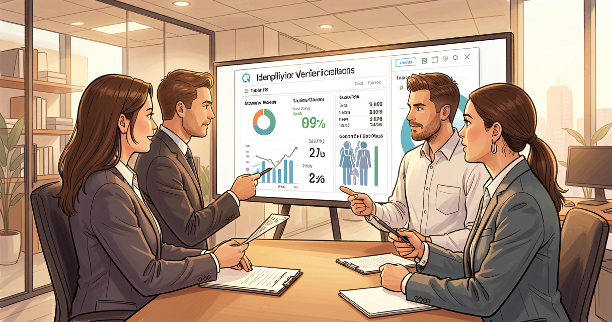 Équipe conformité analysant tableau de bord de vérification d'identité solution KYC