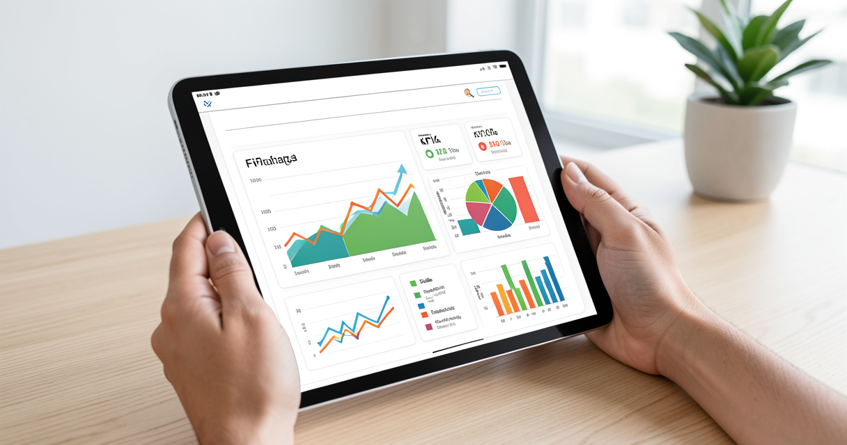 Tableau de bord ERP finance avec graphiques de performance financière sur tablette.