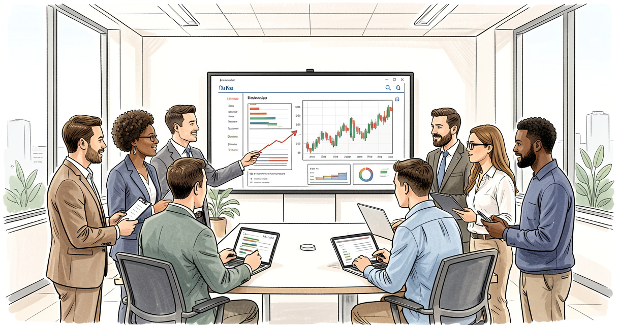 Équipe analysant des rapports financiers sur écran interactif pour choisir un ERP finance.