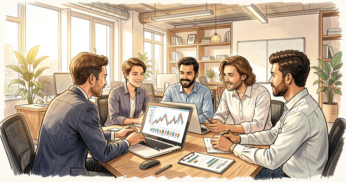 Équipe d'entrepreneurs consultant des graphiques financiers sur un ordinateur portable dans un bureau moderne