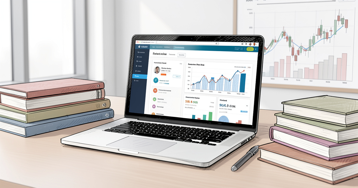 Plateforme de formation business finance prepascore sur un écran d'ordinateur dans un bureau moderne