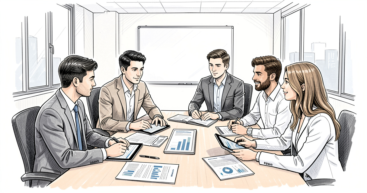 Groupe de professionnels en formation collaboration autour de documents financiers et tablettes