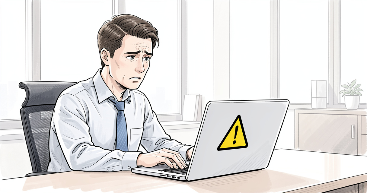 Investisseur inquiet lisant un avertissement sur un écran d'ordinateur à propos d'Arlequin Finance