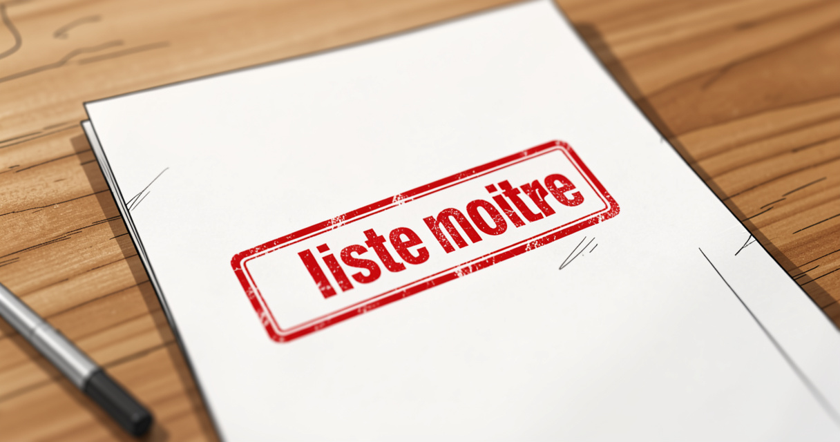 Document officiel avec tampon rouge liste noire pour signaler une société financière non régulée