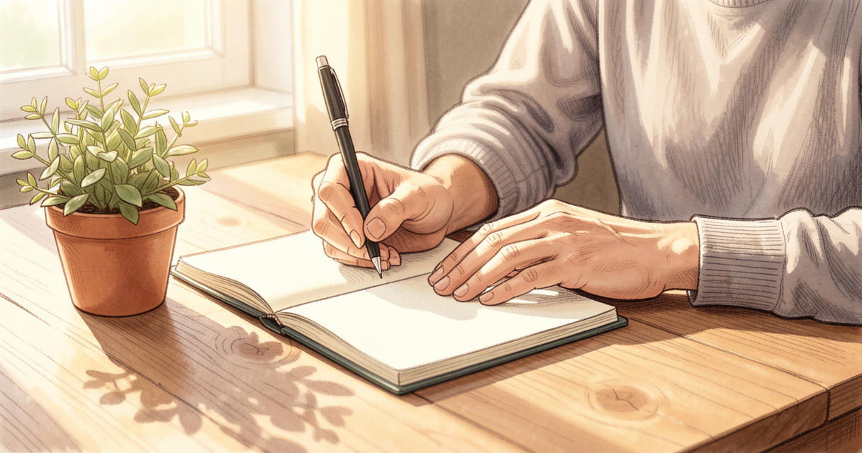 Personne écrivant dans un carnet sans appareil numérique, illustration de la finance qualitative prônée par disquantifie