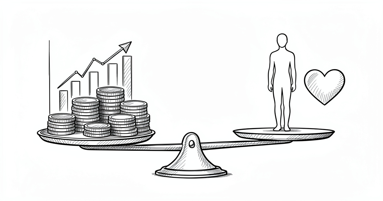 Balance entre pièces de monnaie et cœur humain, symbole de l'équilibre entre finance quantitative et valeur humaine