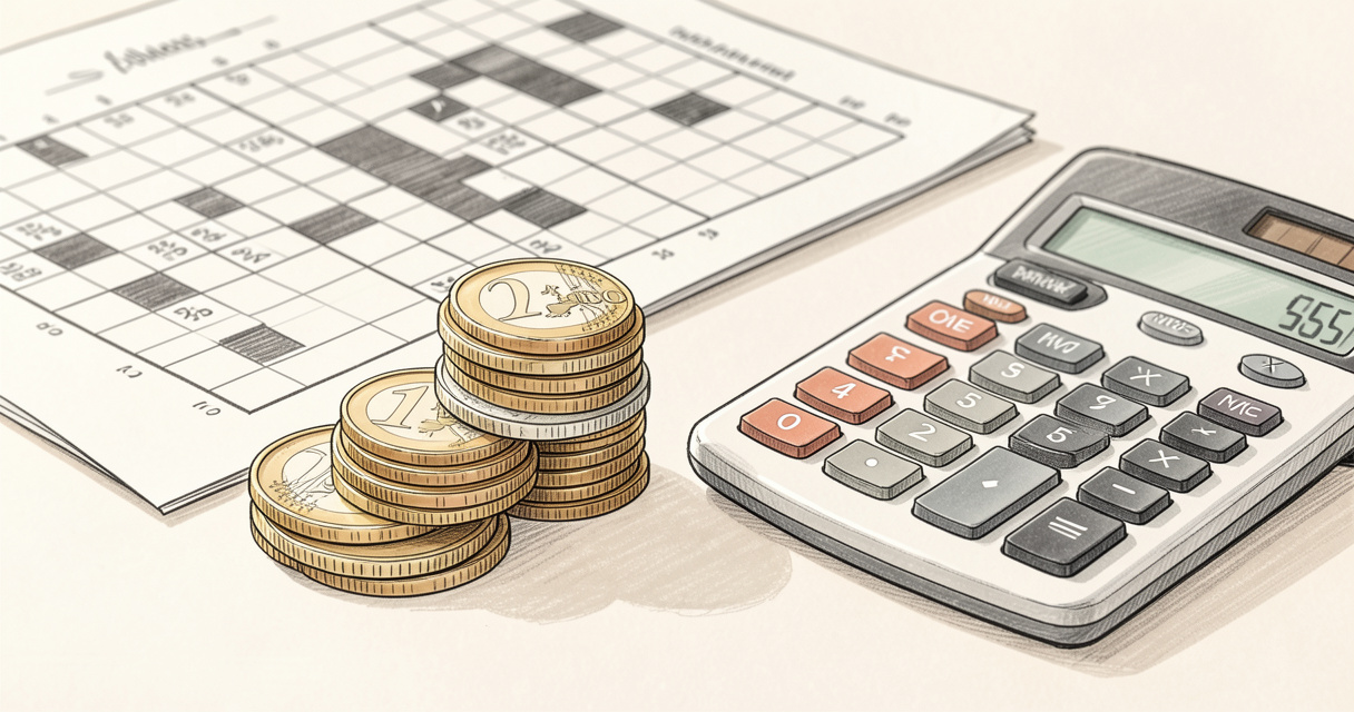 Pièces de monnaie et calculette avec grille de mots croisés en arrière-plan – sigle finance 3 lettres