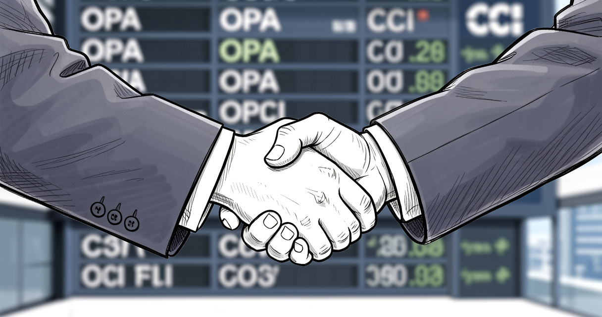 Poignée de main professionnelle devant un tableau boursier – contexte OPA et CCI en finance