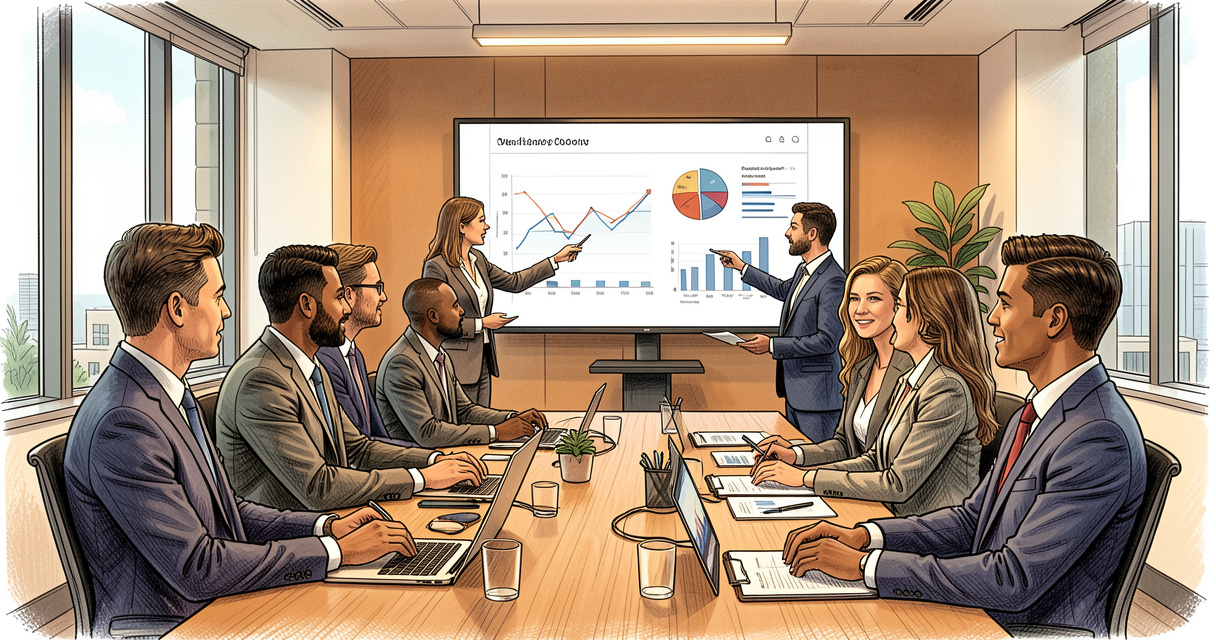Équipe de professionnels de la finance en réunion dans un bureau moderne, analysant des graphiques financiers – programm