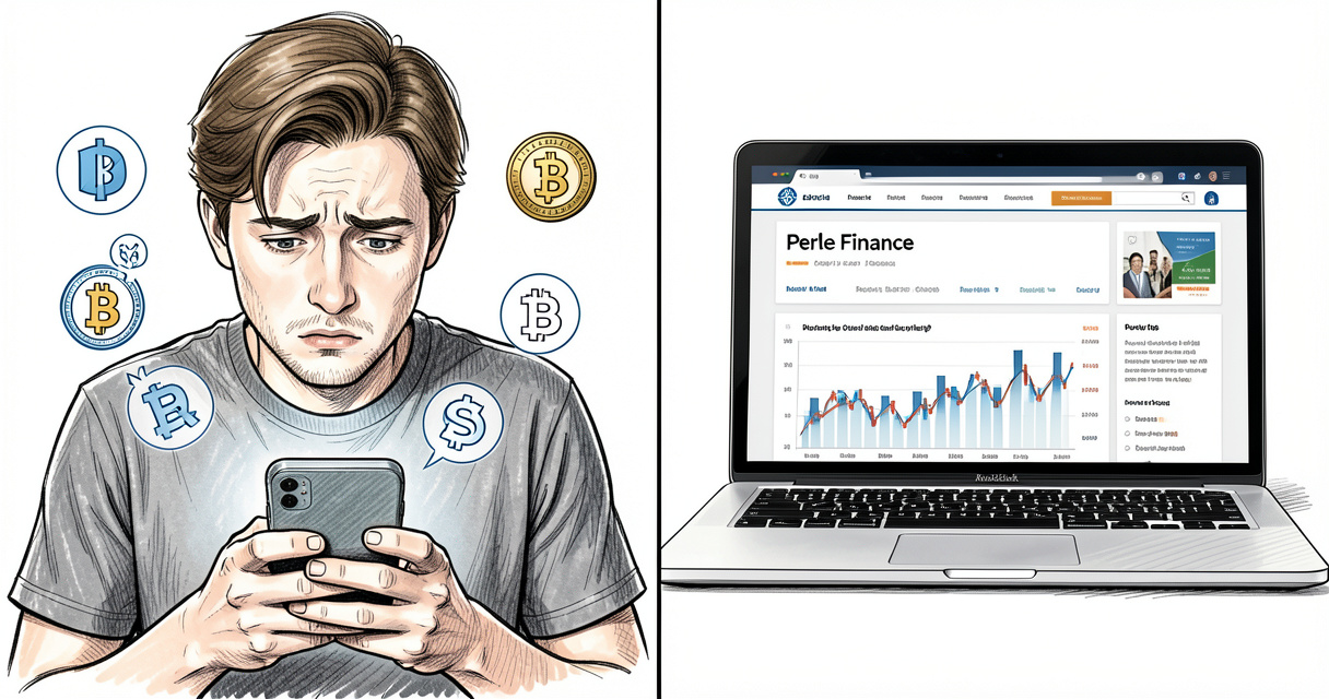 Personne hésitant entre icônes crypto et site de conseils financiers illustrant la confusion Perle Finance