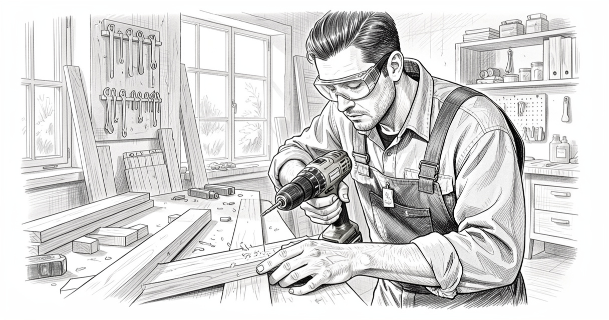 Homme bricolant utilisant une perceuse dans un atelier – formation bricolage CPF