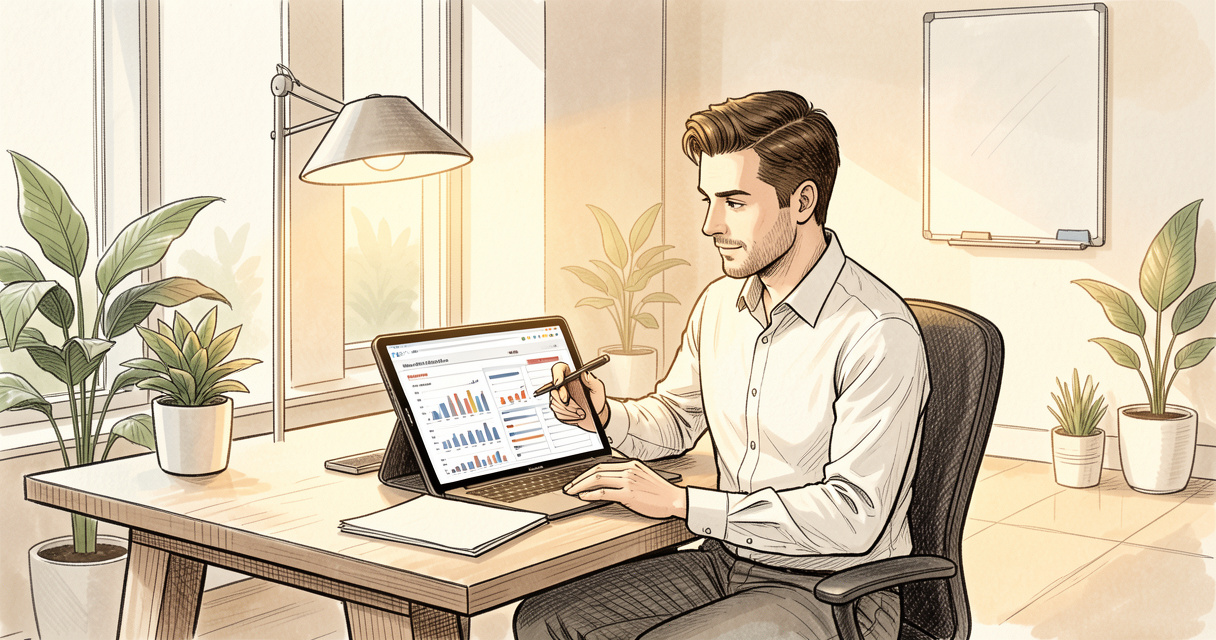 Consultant financier analysant des documents dans un bureau moderne, illustration pour Huyghe Finance
