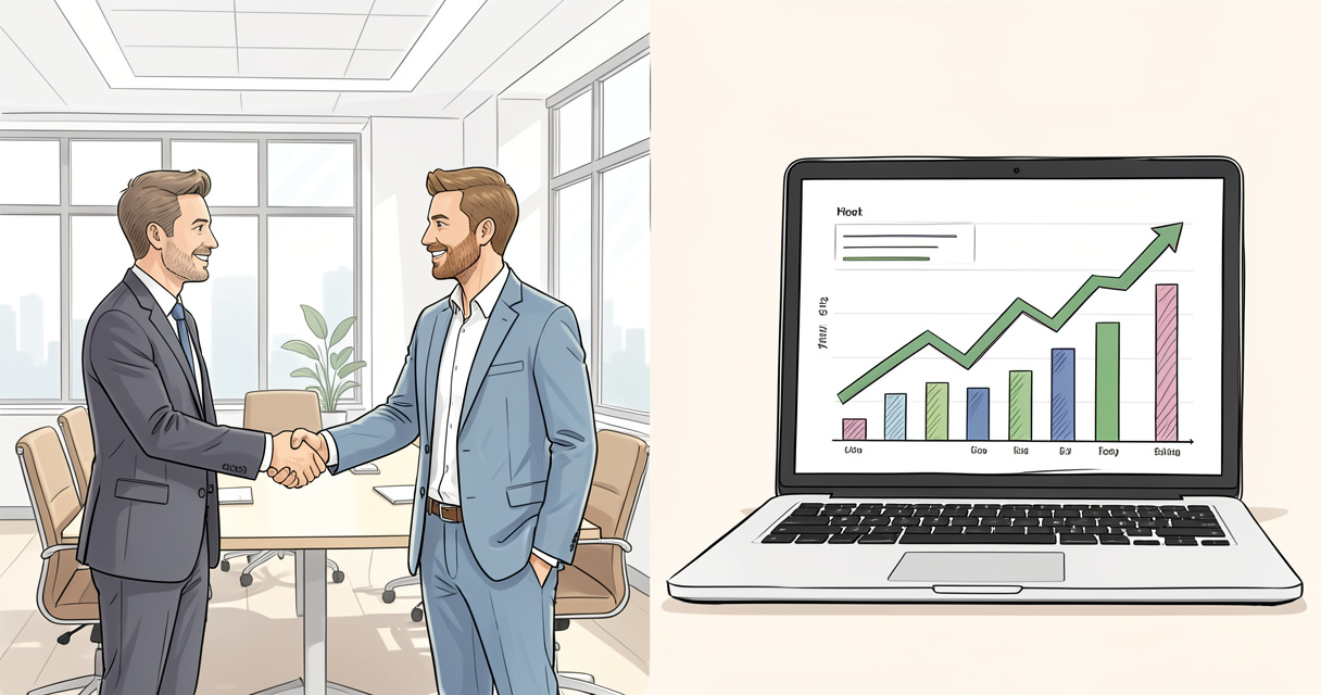 Collaboration entre expert financier et entrepreneur avec graphiques de croissance, accompagnement Huyghe