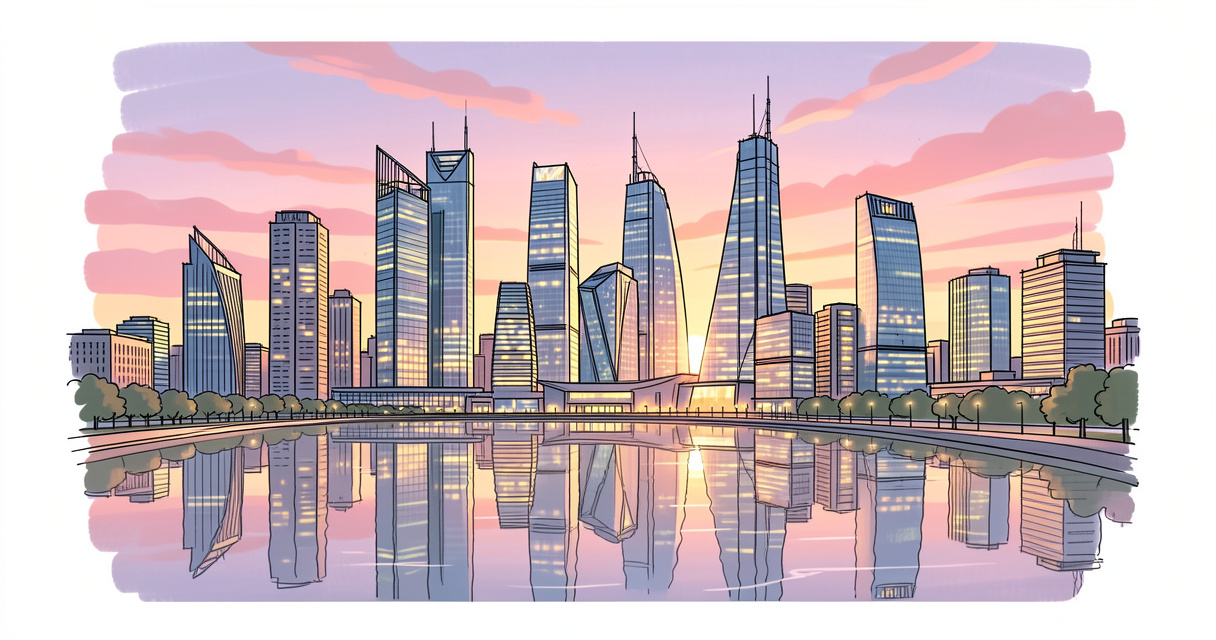 Skyline financier avec tours modernes illuminées symbolisant le summum de la finance