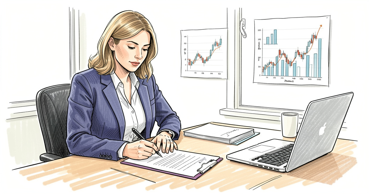 Femme d'affaires rédigeant une lettre de motivation finance sur son bureau avec graphiques financiers