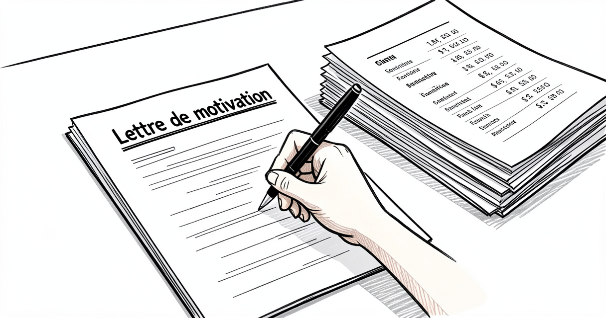 Main écrivant une lettre de motivation pour un poste en finance avec documents financiers à côté