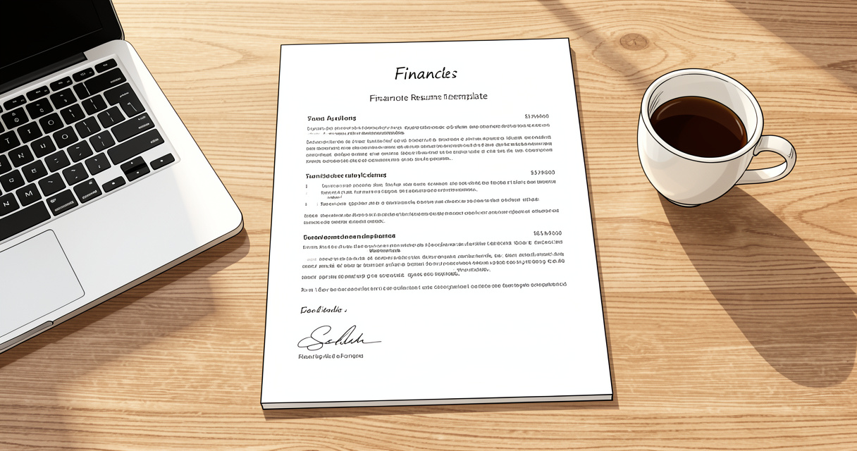 Modèle de CV finance posé sur un bureau professionnel avec ordinateur portable et café