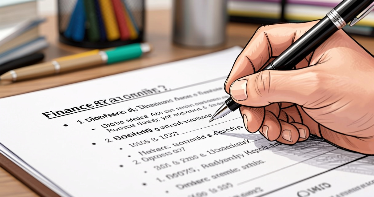 Main écrivant des points clés sur un CV finance, mise au point sur les réalisations chiffrées