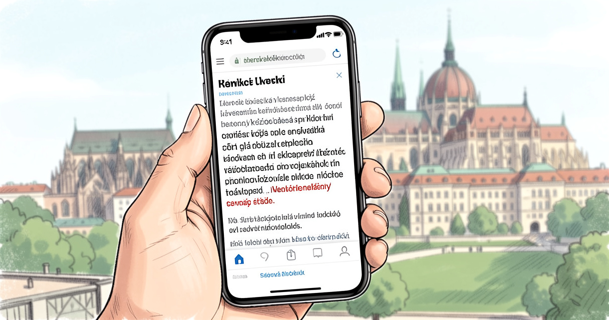 Smartphone affichant un article de Zpravyaktualne.cz finance devant le château de Prague, informations économiques Répub