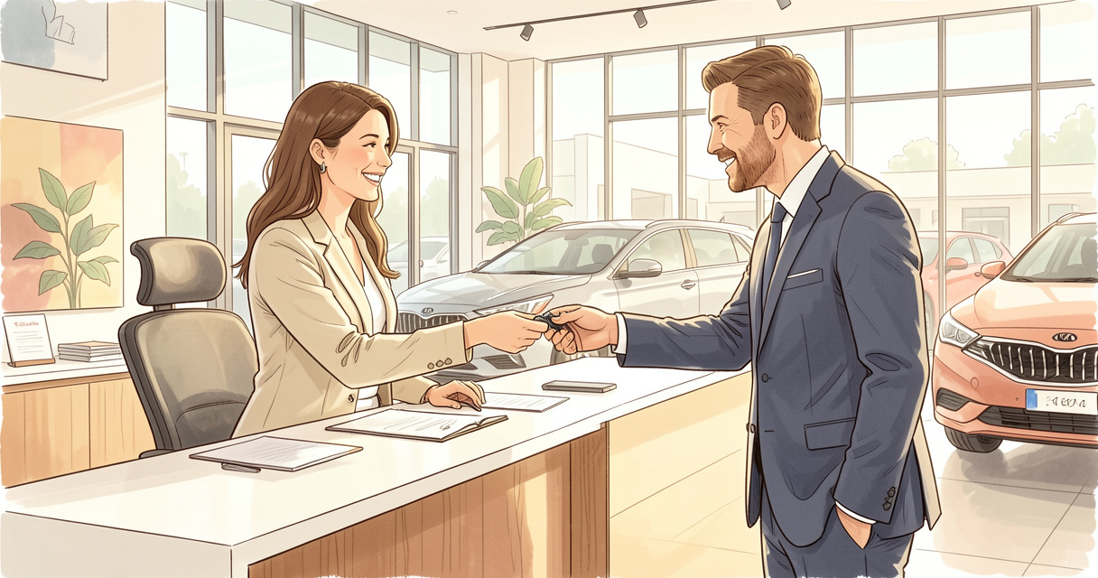 Conseiller remettant les clés d'une Kia à un couple dans une concession Kia Finance