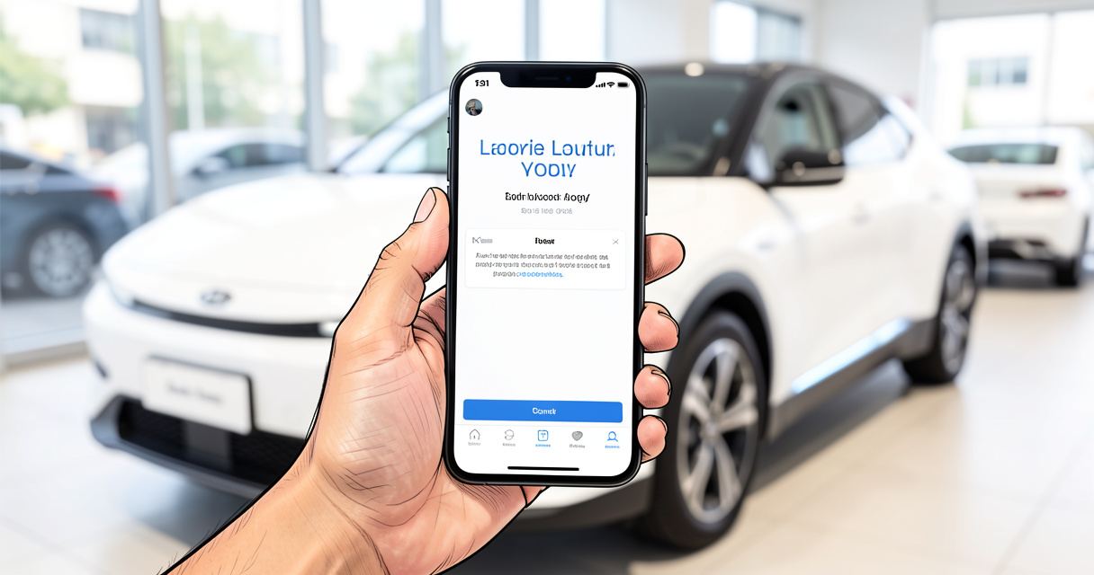 Demande de financement Kia validée sur smartphone devant une Kia EV6 en concession