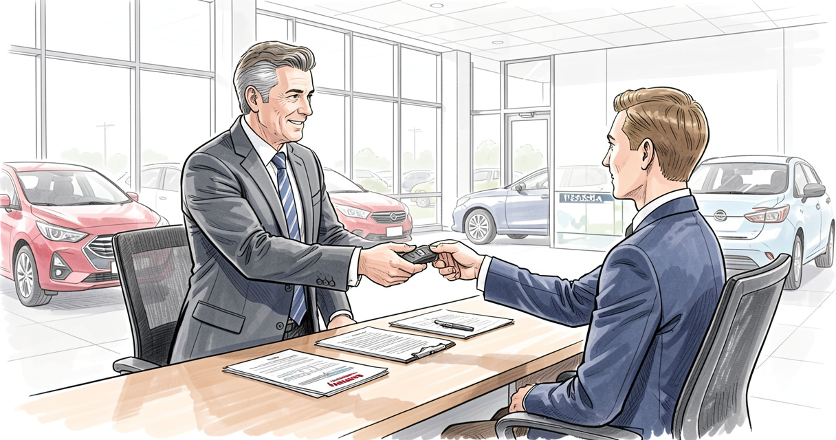 Conseiller Nissan Financial Services avec client signant financement auto